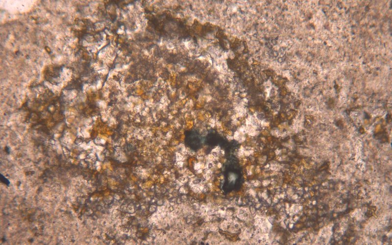 Nodulo di clinker con solfuro di calcio magnesio ferro (verde) attribuibile a materie prime o combustibili contenenti zolfo (Florastrasse 52-54 a Zurigo, PPL, larghezza immagine 400 µm)
