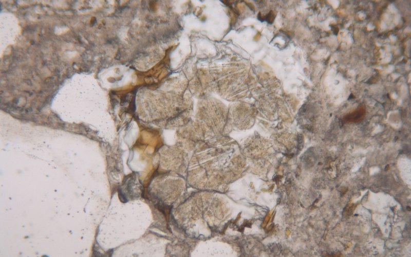 Granello di clinker relittuale di cristalli di belite brunastra con lamellatura nella malta a base di cemento Portland (Löwenpavillon a Hombrechtikon, PPL, larghezza immagine 400 µm) 